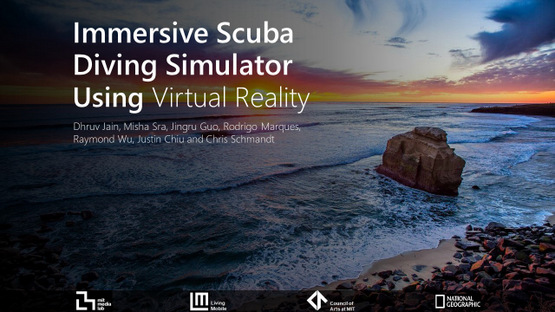 First slide of the talk showing a rocky beach with waves crashing over the beach. Talk title reads: Immersive Scuba Diving Simulator Using Virtual Reality